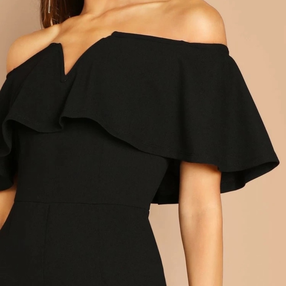 Off the Shoulder Flounce Foldover Front Frill Skinny leg Jumpsuit minimalist - Picture 3 of 3